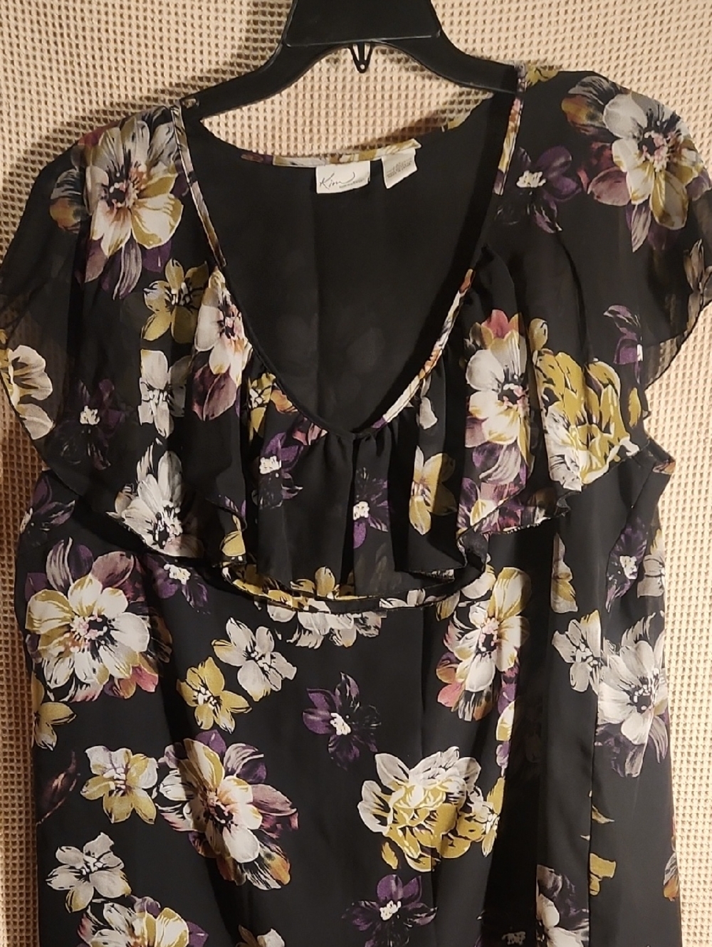 Kensie Black Floral V-Neck Ruffle Blouse with Yellow and Purple Accents